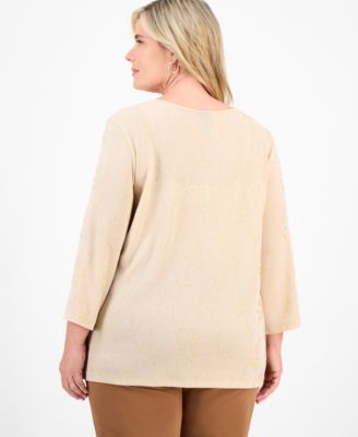Plus Size Metallic Jacquard 3/4-Sleeve Top
