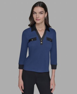 KARL LAGERFELD PARIS - Petite Collared V-Neck Rib-Knit Top