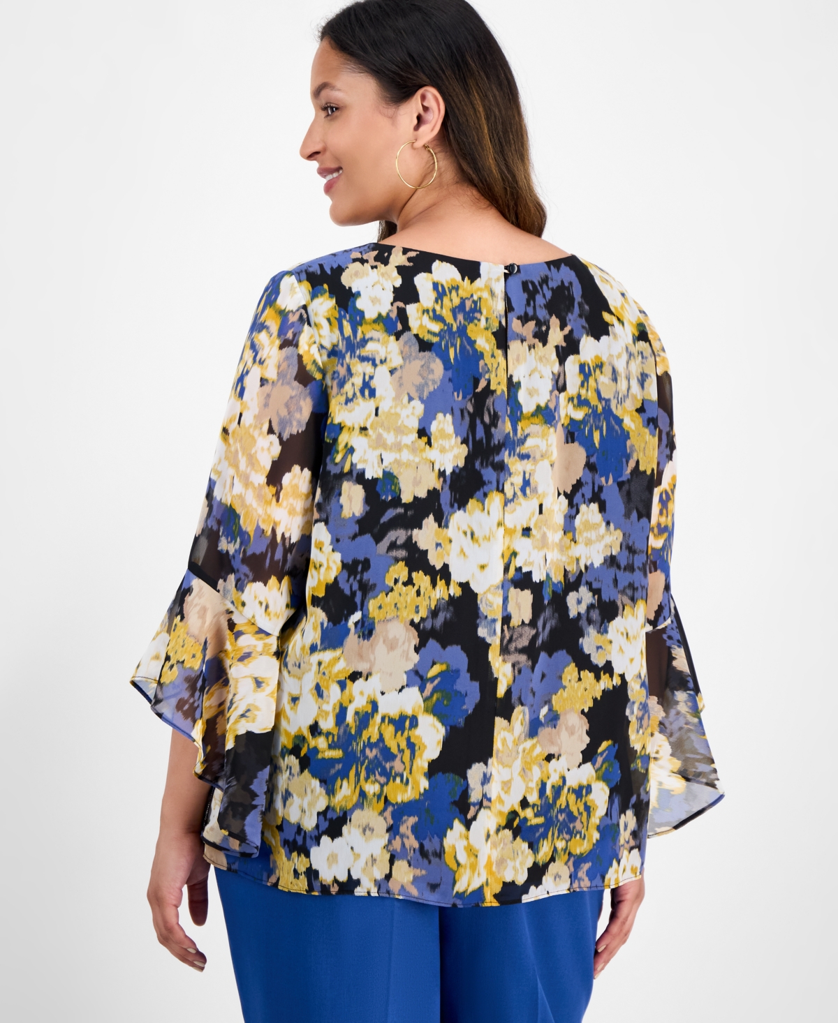 Kasper Plus Size 3/4-ruffle Sleeve Printed Blouse In Multi