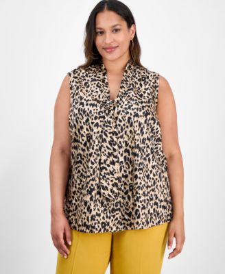 Kasper - Plus Size Printed Sleeveless Tie-Neck Blouse