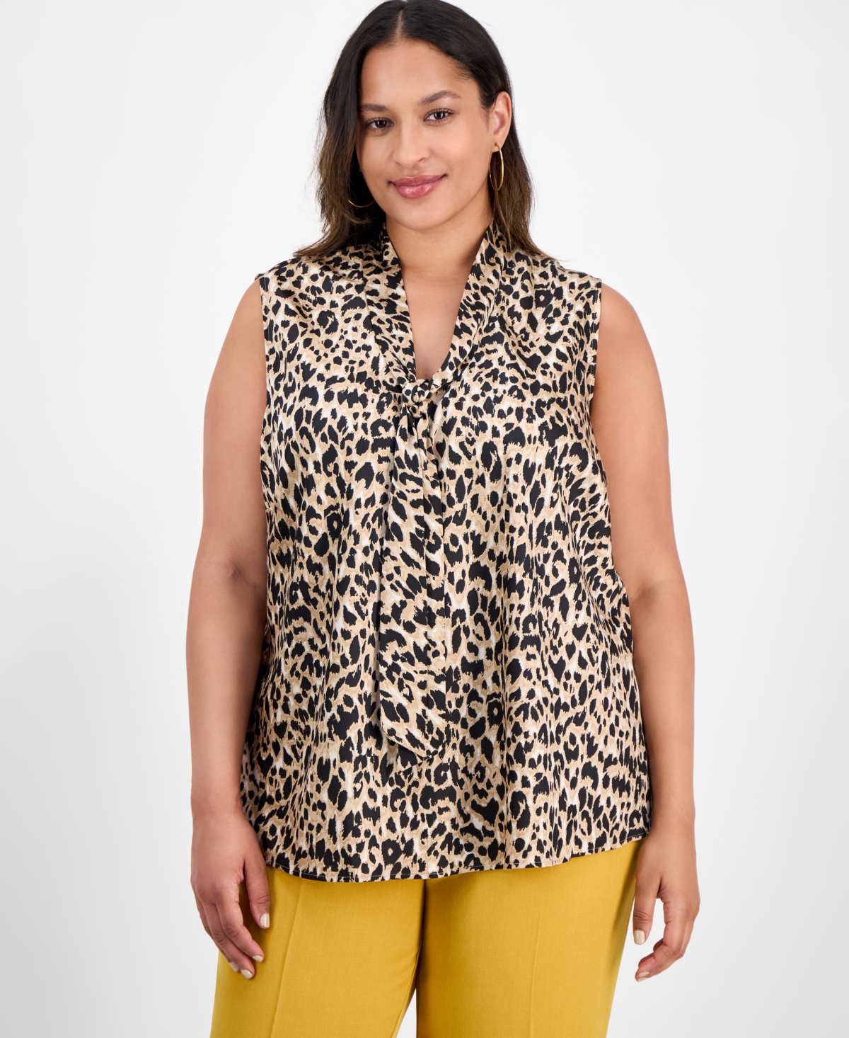 Kasper Plus Size Printed Sleeveless Tie-neck Blouse In Multi