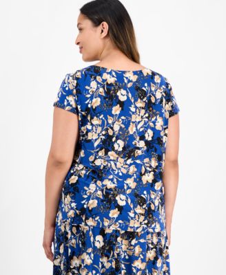 Plus Size Printed Cap-Sleeve Cowlneck Blouse