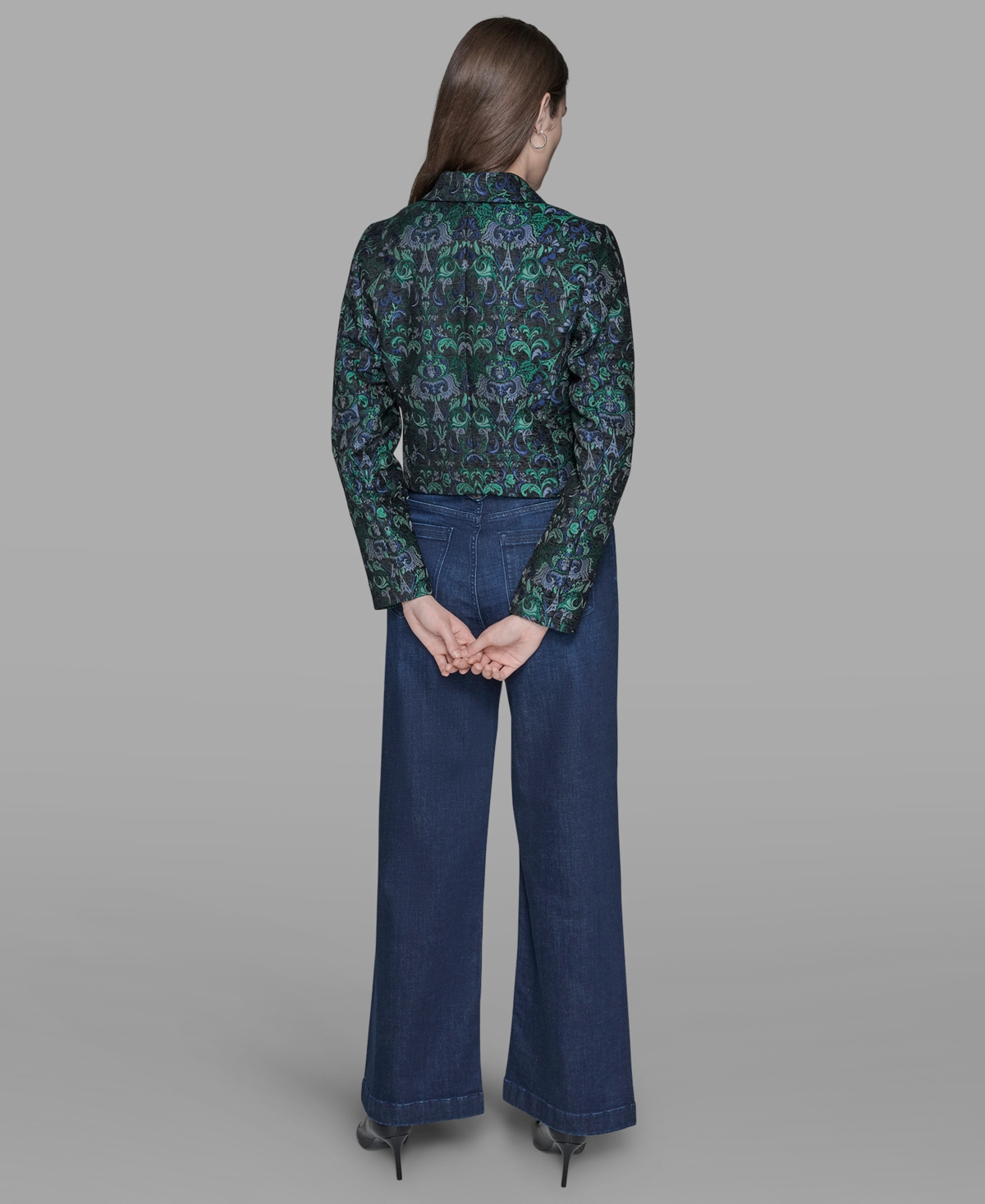 Karl Lagerfeld Petite Jacquard Open-front Jacket In Green