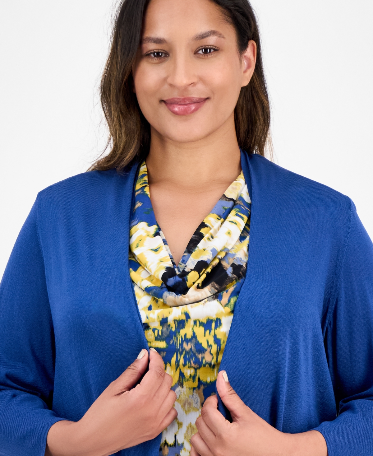 Kasper Plus Size 3/4-sleeve Open-front Cardigan In Blue