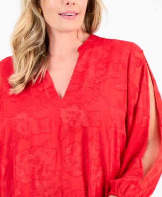 Plus Size Shine Jacquard Blouson-Sleeve Blouse, Macy's Exclusive