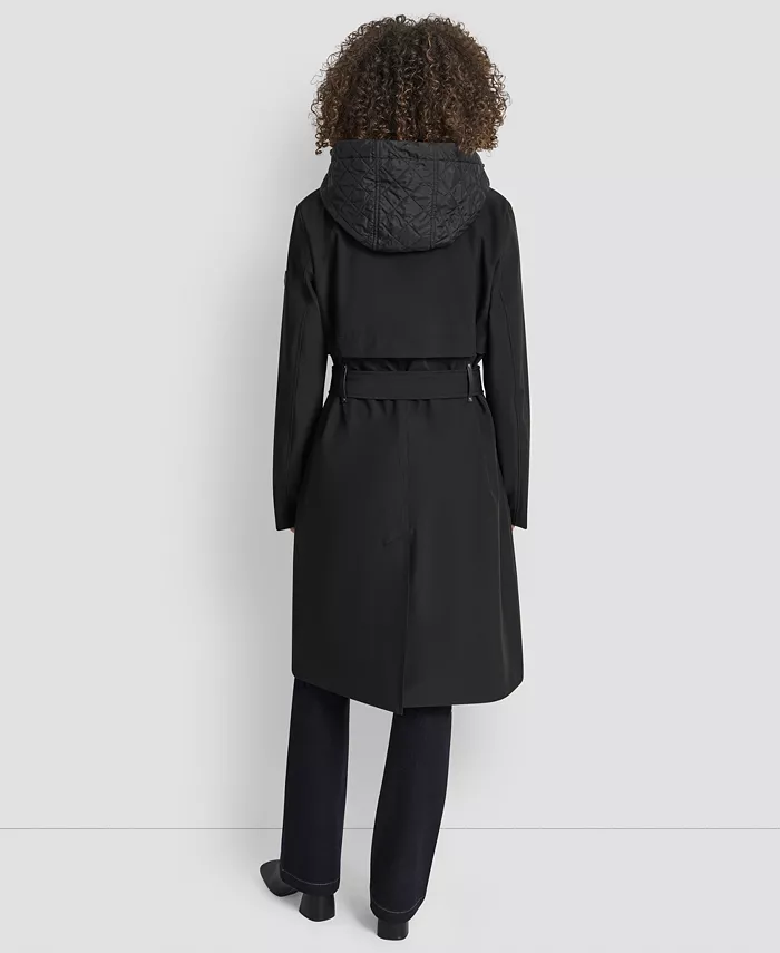 Women's Hooded Bibbed Belted Trench Coat - thumbnail 10