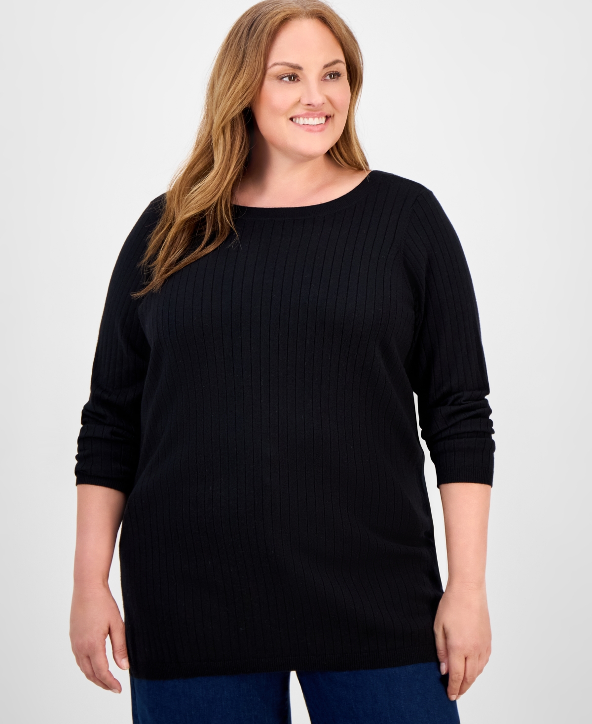 Style & Co Plus Size Solid Long-sleeve Sweater, Macy's Exclusive In Black