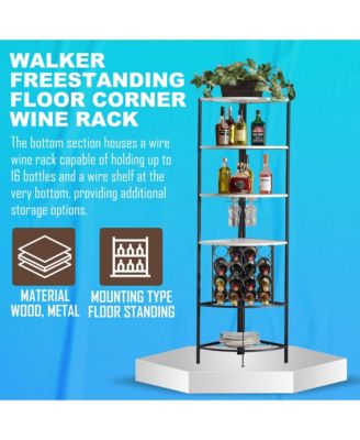 5 Tier Corner Wine Rack with Glass Holder and Storage Shelves, Wine Bar Cabinet for Living Room, Dining Room, Kitchen