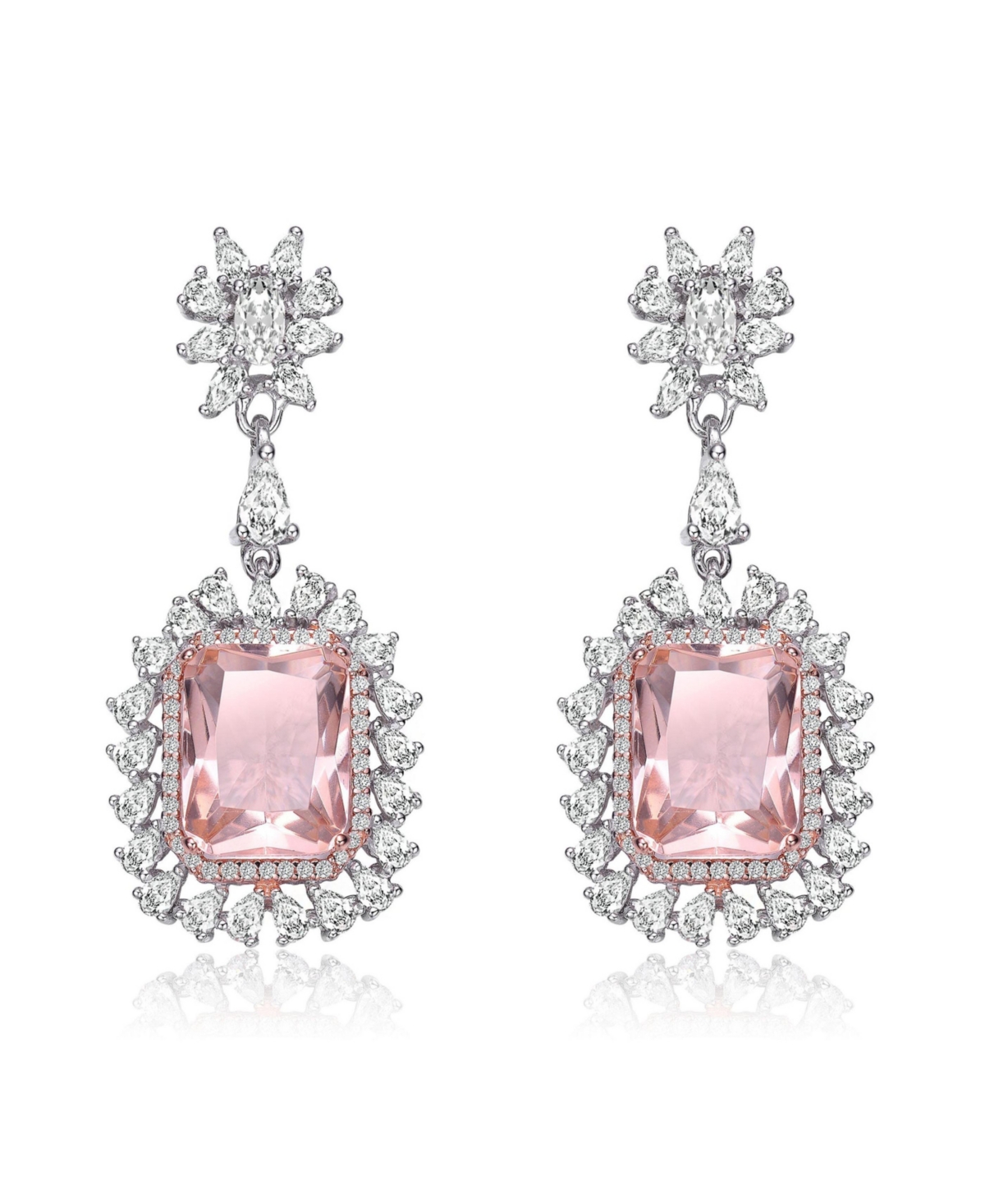 White Gold Plating with Pink Cubic Zirconia Halo Dangle Earrings - Pink