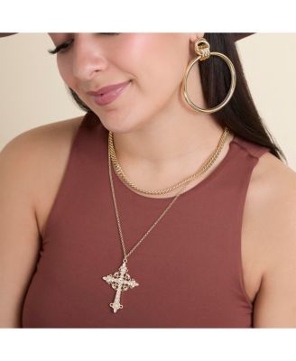 Gold-Tone Rhinestone Cross and Curb Chain Necklace Set