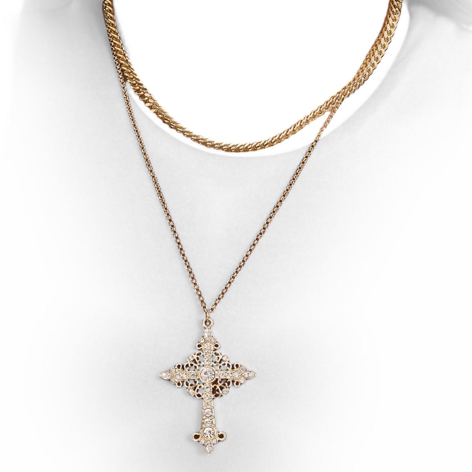 Gold-Tone Rhinestone Cross and Curb Chain Necklace Set