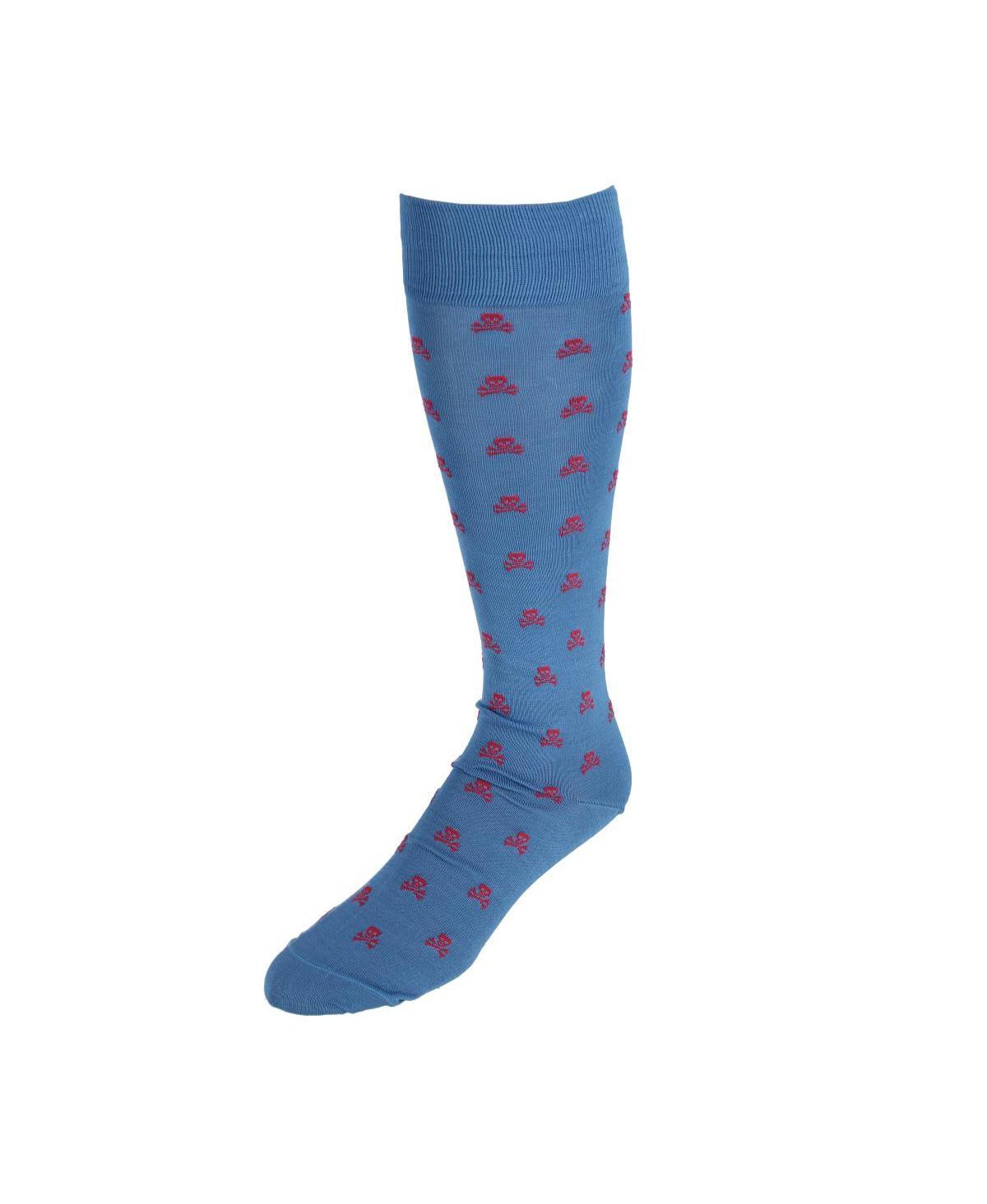 Men's Pirate's Skull & Crossbones Pima Cotton Over The Calf Novelty Dress Sock (1 Pair) - Azure blue