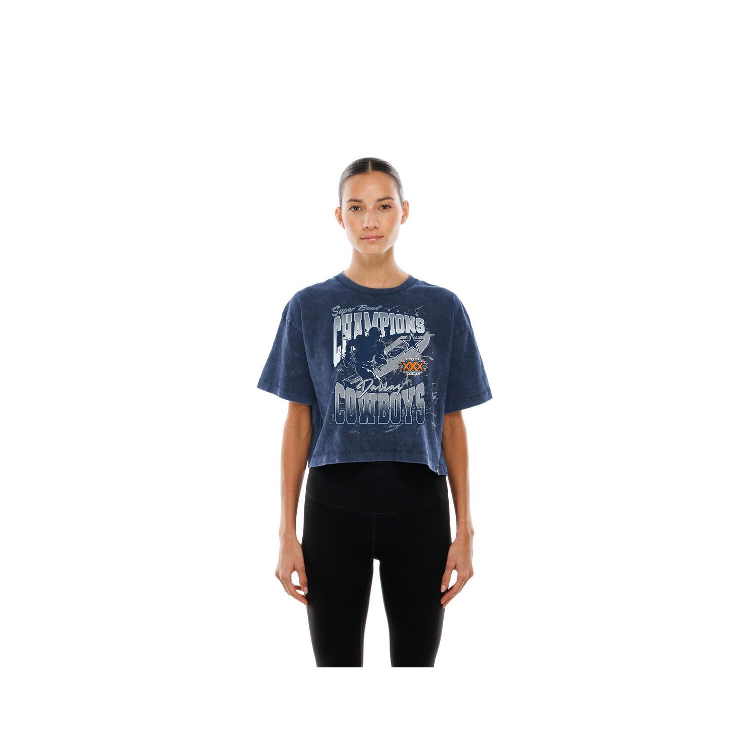 Women's Navy Dallas Cowboys Cropped Boxy Sport Classics Mineral Wash T-Shirt