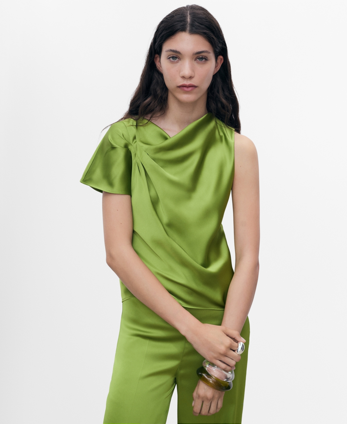 Mango Women's Draped Detail Satin Shirt In Green