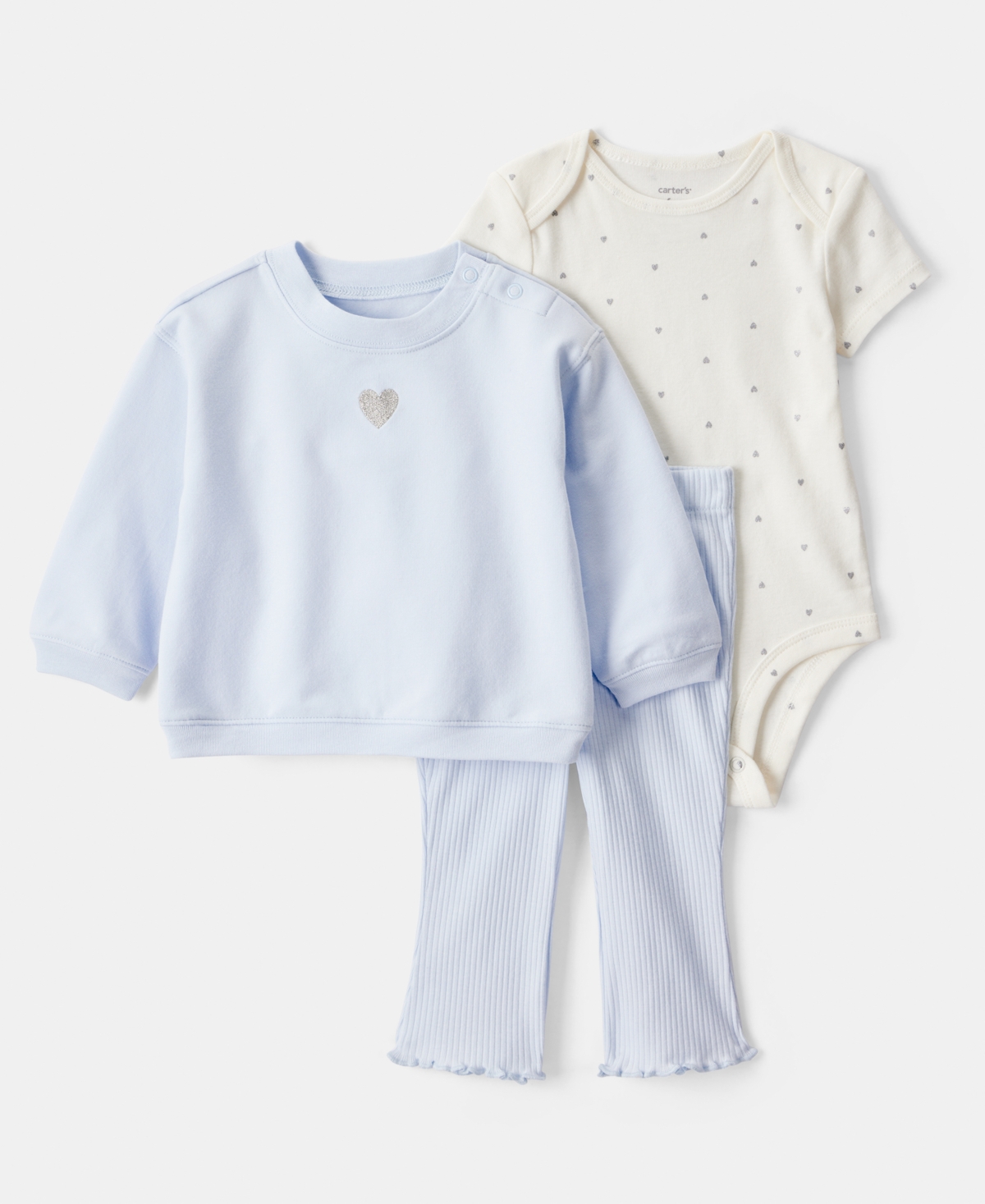 Carter's Baby Girls Heart-print Bodysuit, Pullover Top & Flare Pants Set, 3 Piece Set In Multi