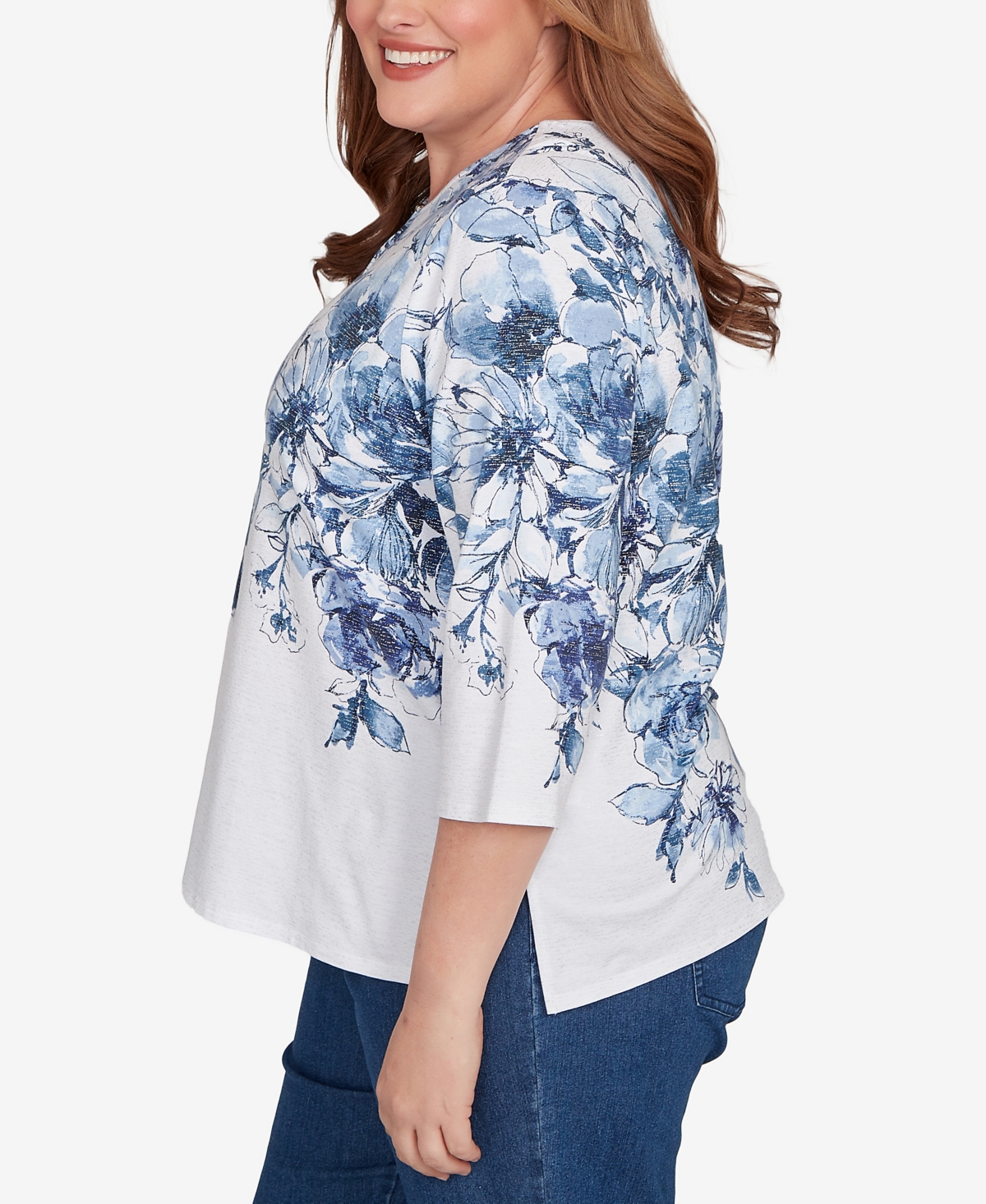 Alfred Dunner Plus Size Floral Split Beaded Keyhole Neck Top In Blue