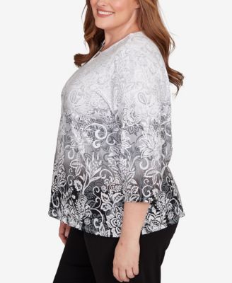 Plus Size Ombre Scroll Split Beaded Neck Top