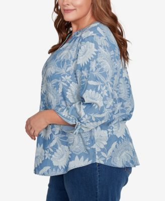 Plus Size Classic Floral Monotone Lyocell Henley Top