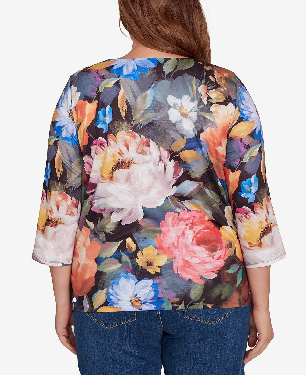 Alfred Dunner Plus Size Classic Dramatic Floral Lace Neck Top In Blue