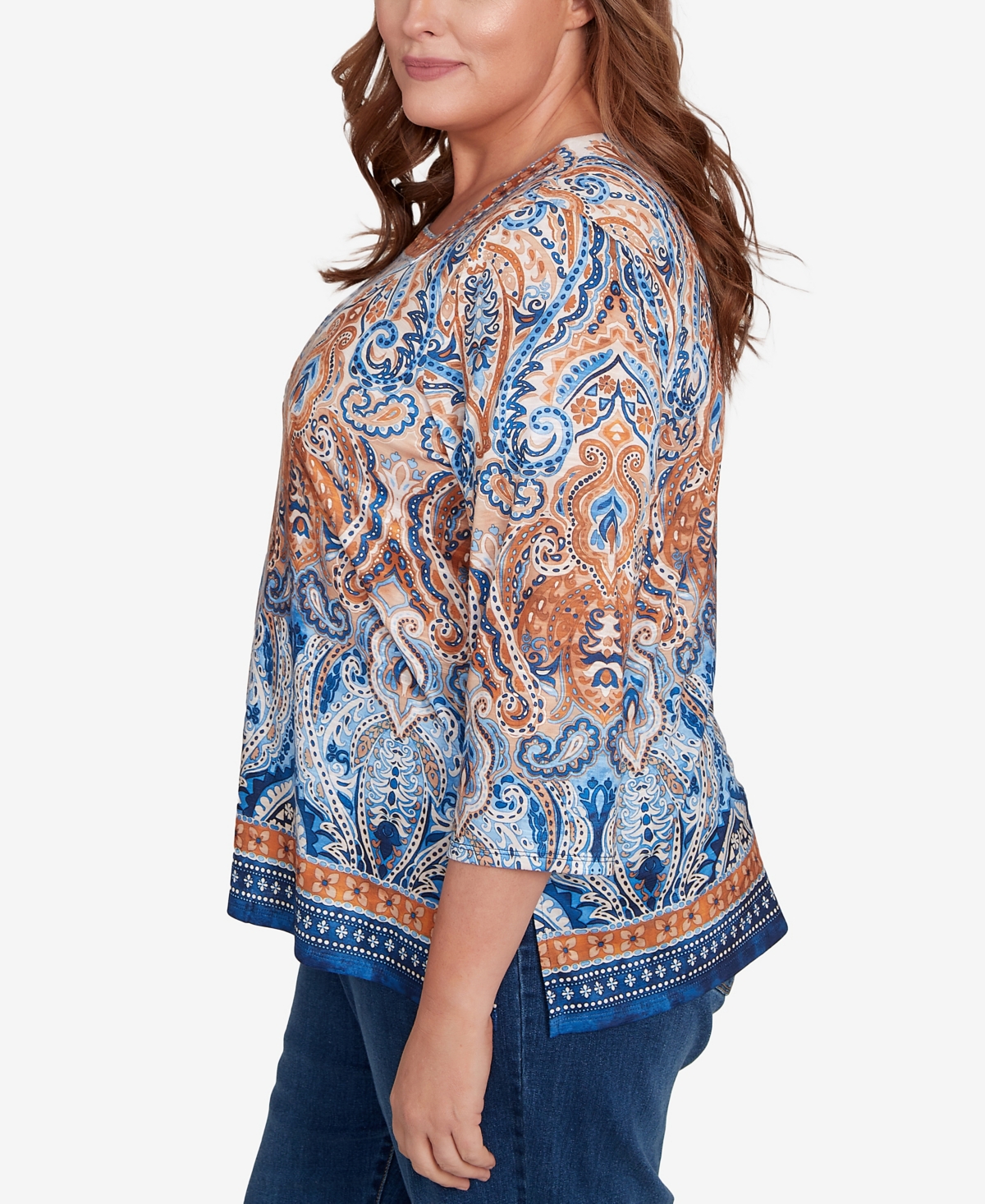 Alfred Dunner Plus Size Classic Medallion Bordered Square Neck Top In Multi