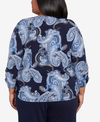 Plus Size Classic Puff Print Paisley Gold Foil Keyholeneck Top