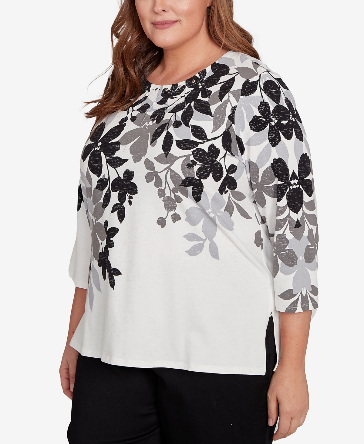 Alfred Dunner Plus Size Classic Shadow Leaf Three Quarter Sleeve Top In Multi
