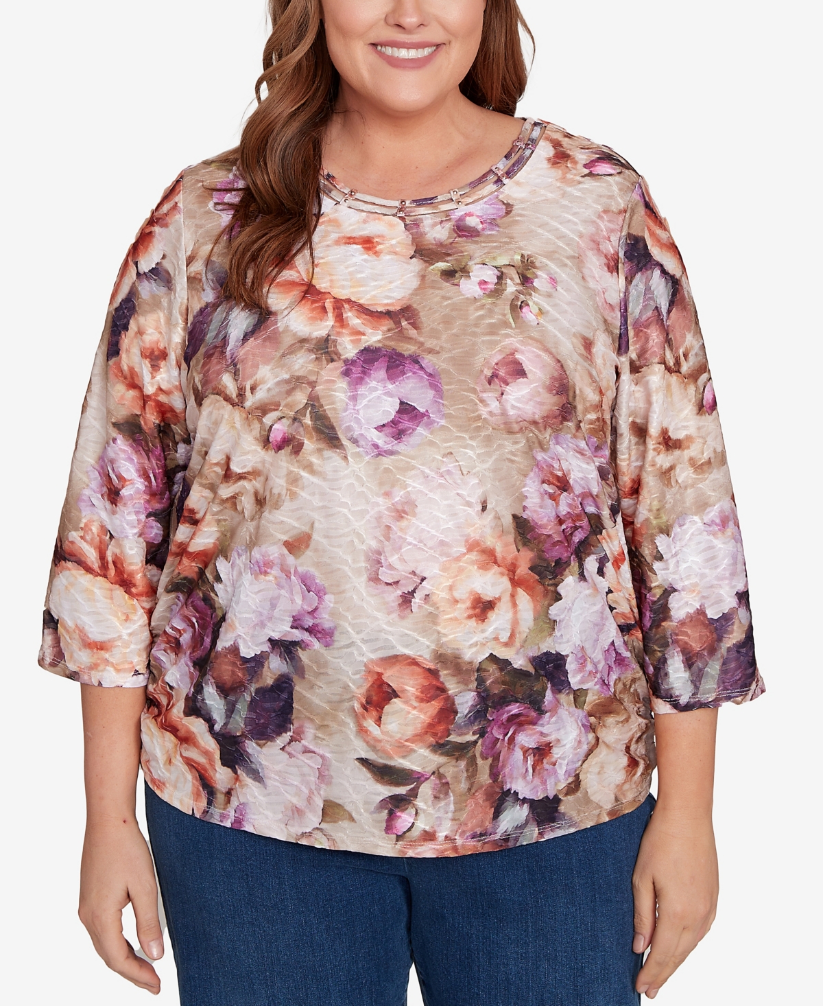 Alfred Dunner Plus Size Classic Textured Floral Ruched Sides Crew Neck Top In Multi