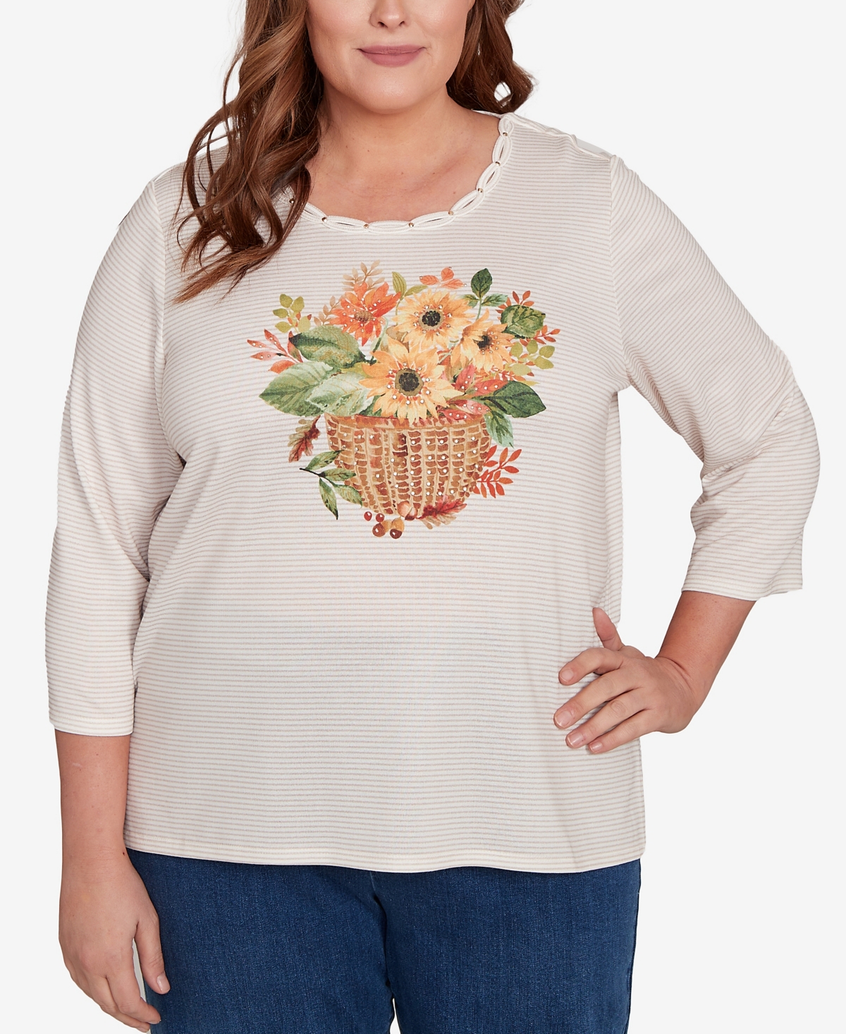 Alfred Dunner Plus Size Classic Harvest Basket Crew Neck Top In Multi