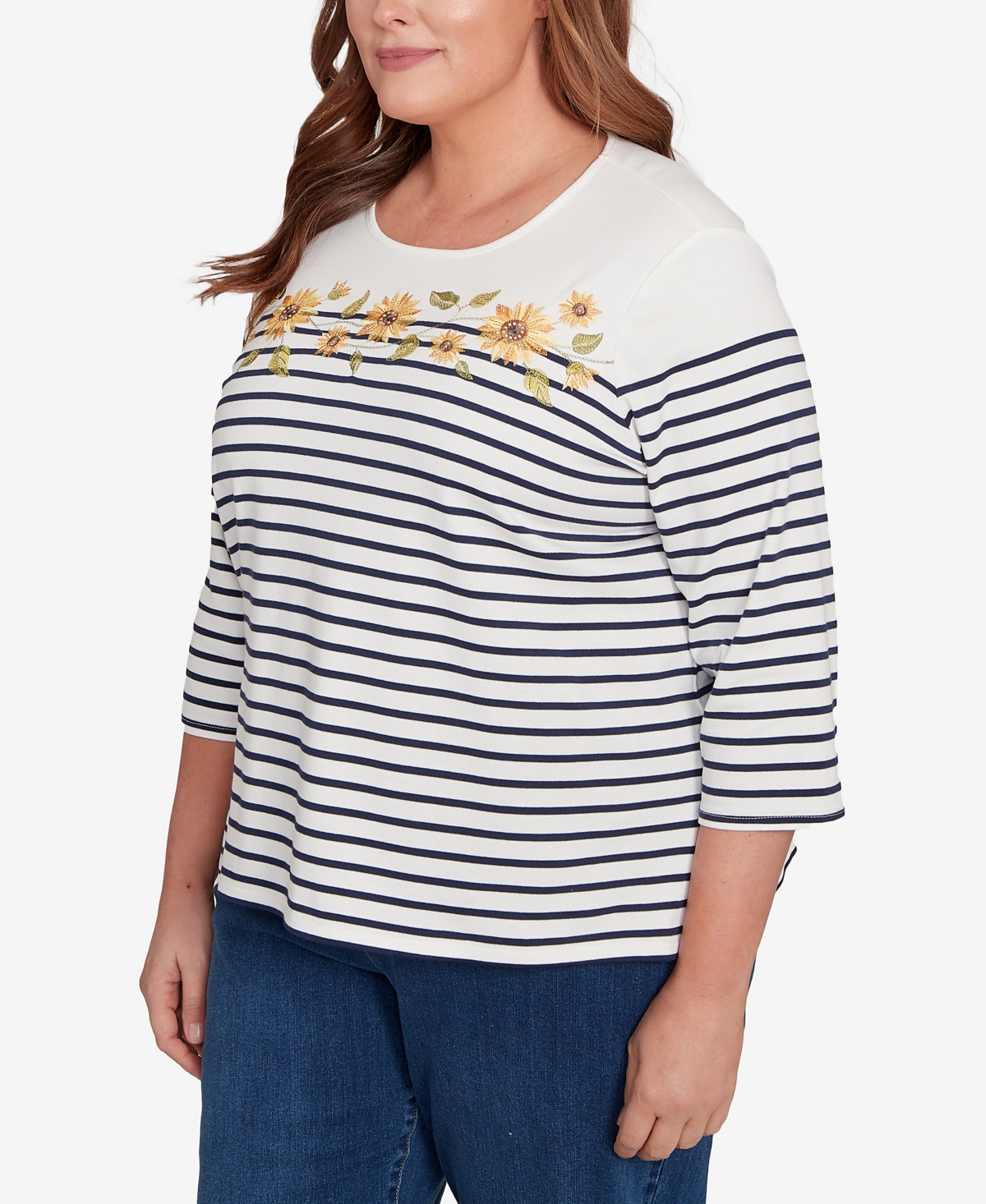 Alfred Dunner Plus Size Classic Sunflower Neckline Striped Top In White