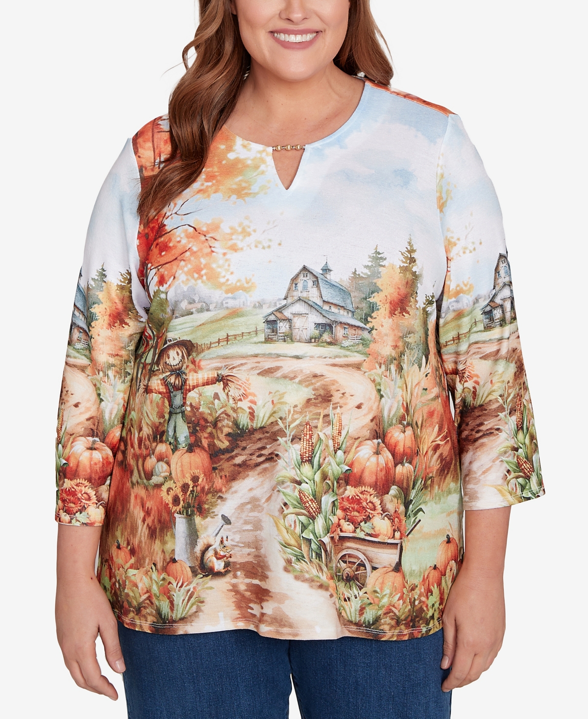 Alfred Dunner Plus Size Classic Farm Landscape Harvest Keyhole Neck Top In Multi