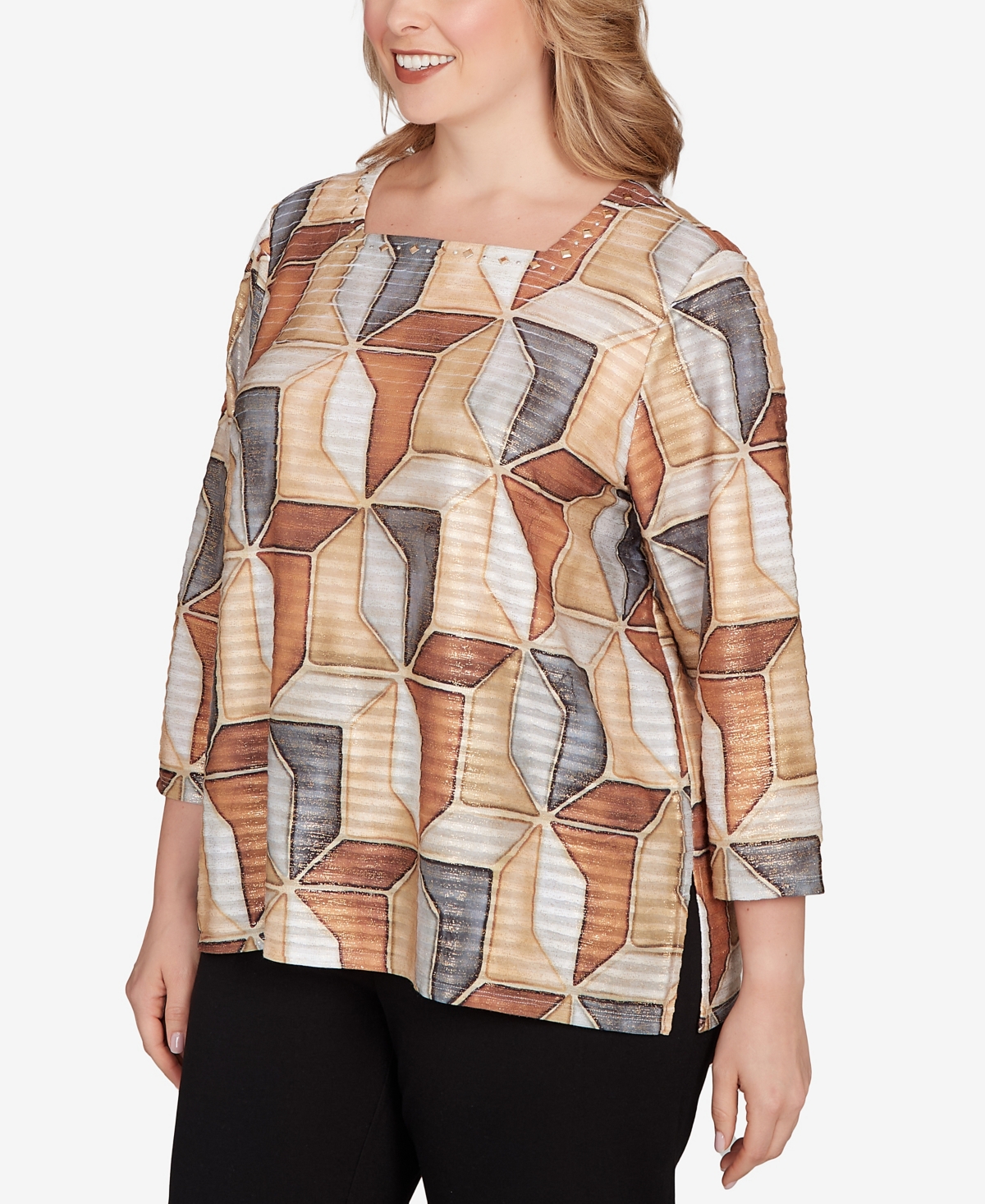 Alfred Dunner Plus Size Classic Stained Glass Square Neck Top In Multi