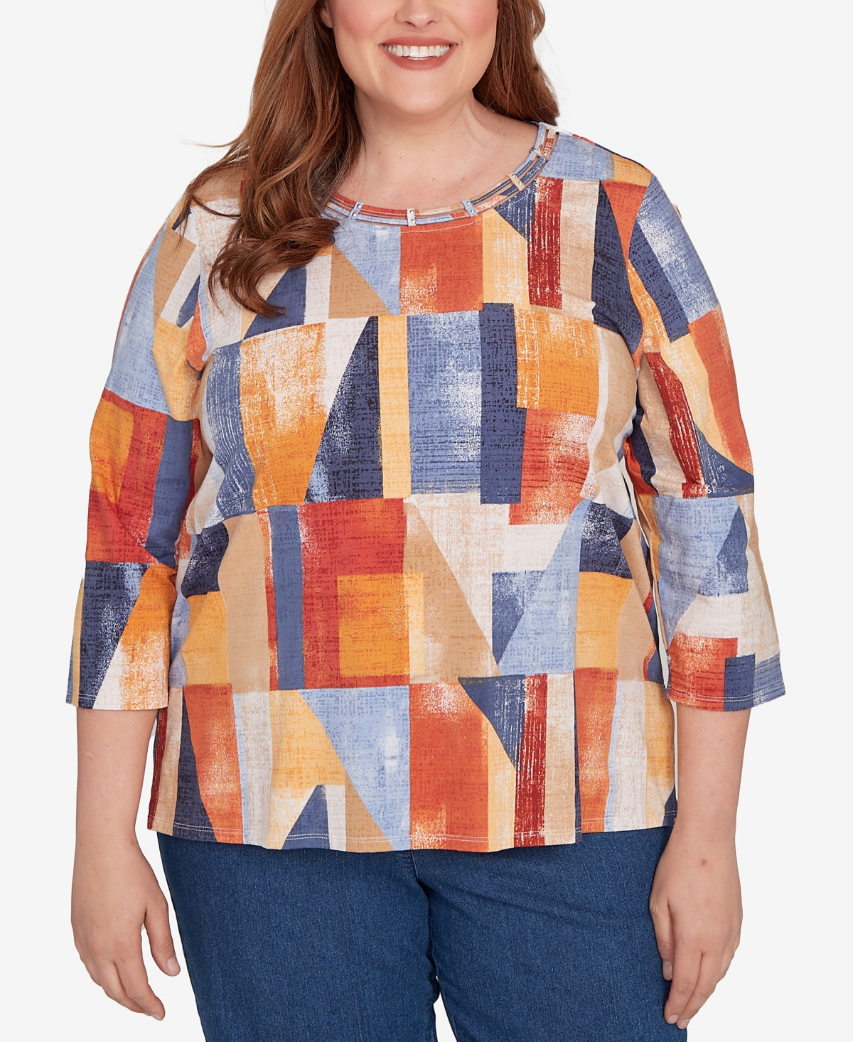 Alfred Dunner Plus Size Colorblock Detailed Crew Neck Top In Multi