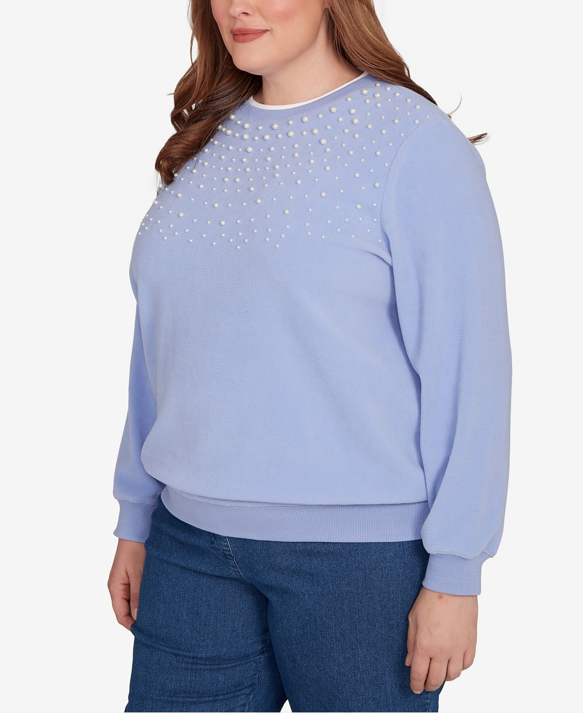 Alfred Dunner Plus Size Classic Embellished Neckline Anti-pill Sweater In Blue