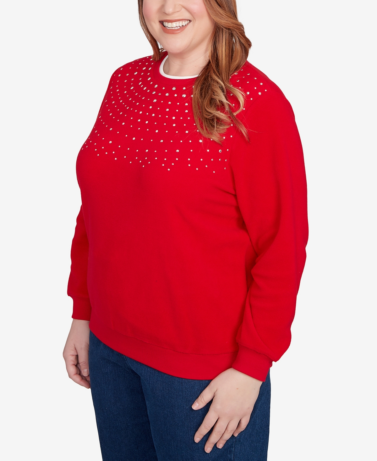 Alfred Dunner Plus Size Classic Embellished Neckline Anti-pill Sweater In Red