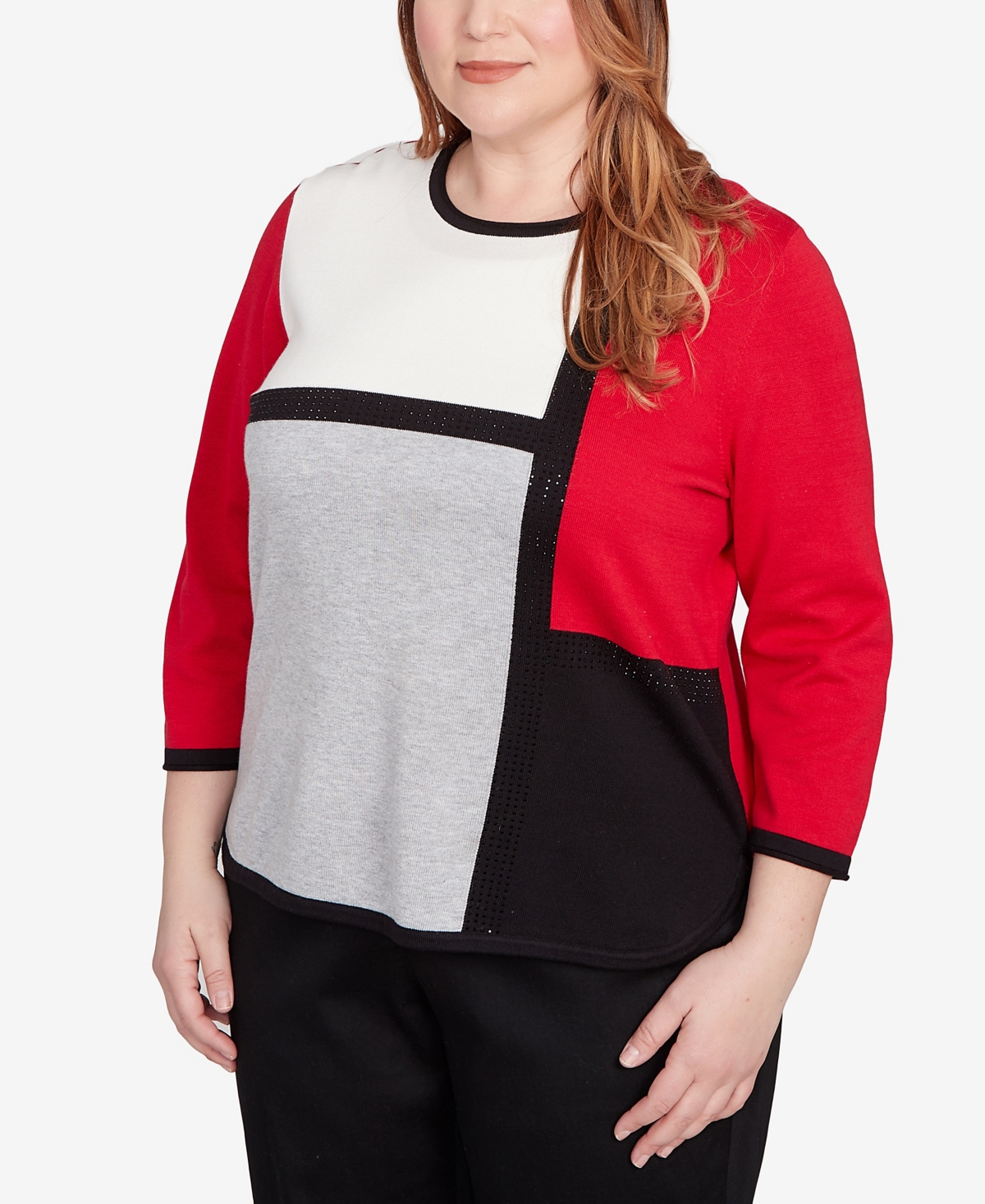 Alfred Dunner Plus Size Classic Colorblock Long Sleeve Sweater In Red