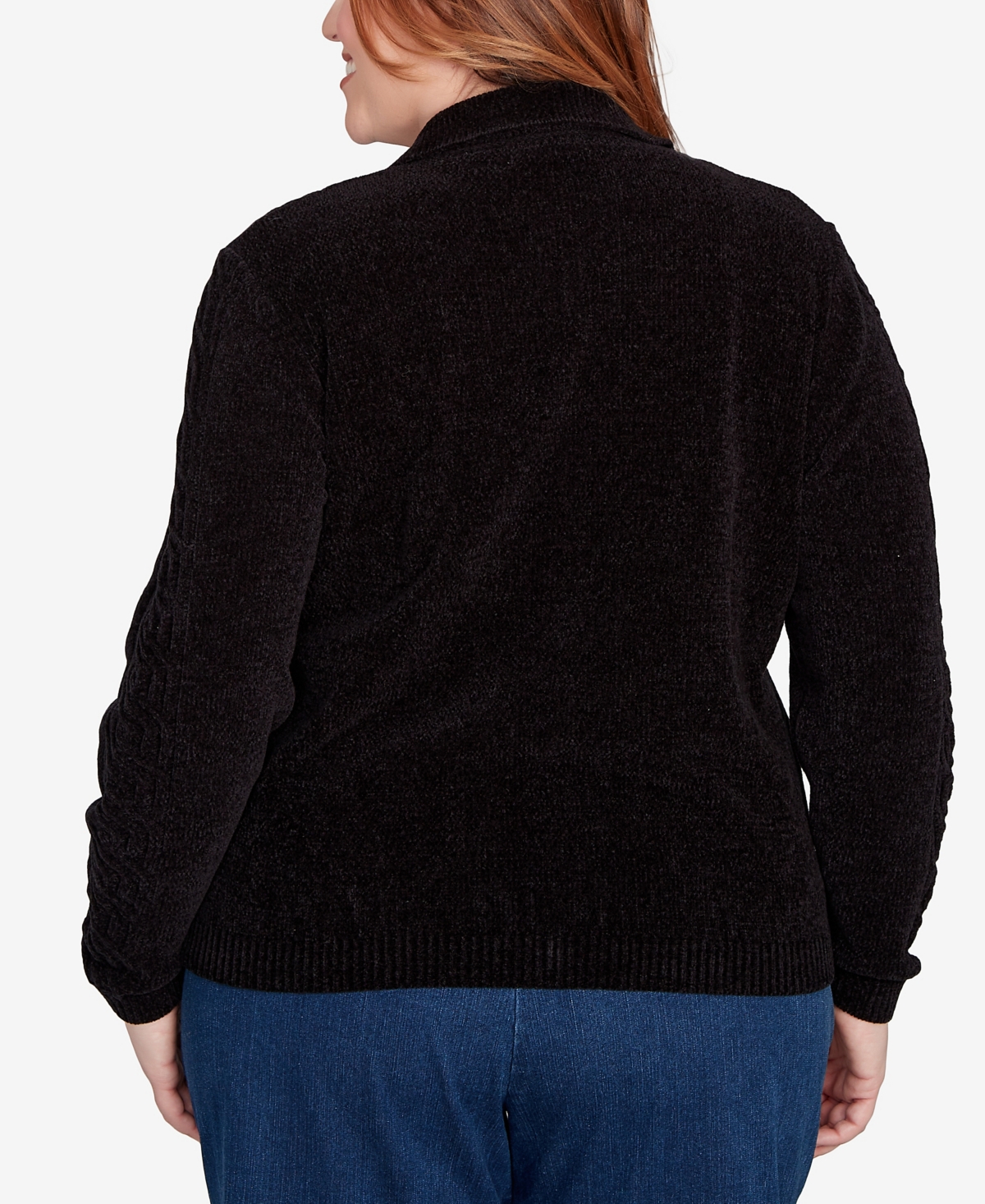 Alfred Dunner Plus Size Classic Zip-front Chenille Collared Cardigan Sweater In Black