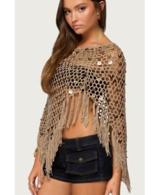 Women's Fringe Sequin Crochet Poncho