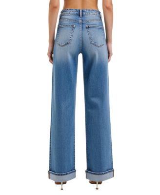 Women's Wide-Leg Button-Fly Cuffed Patch Pocket Jeans