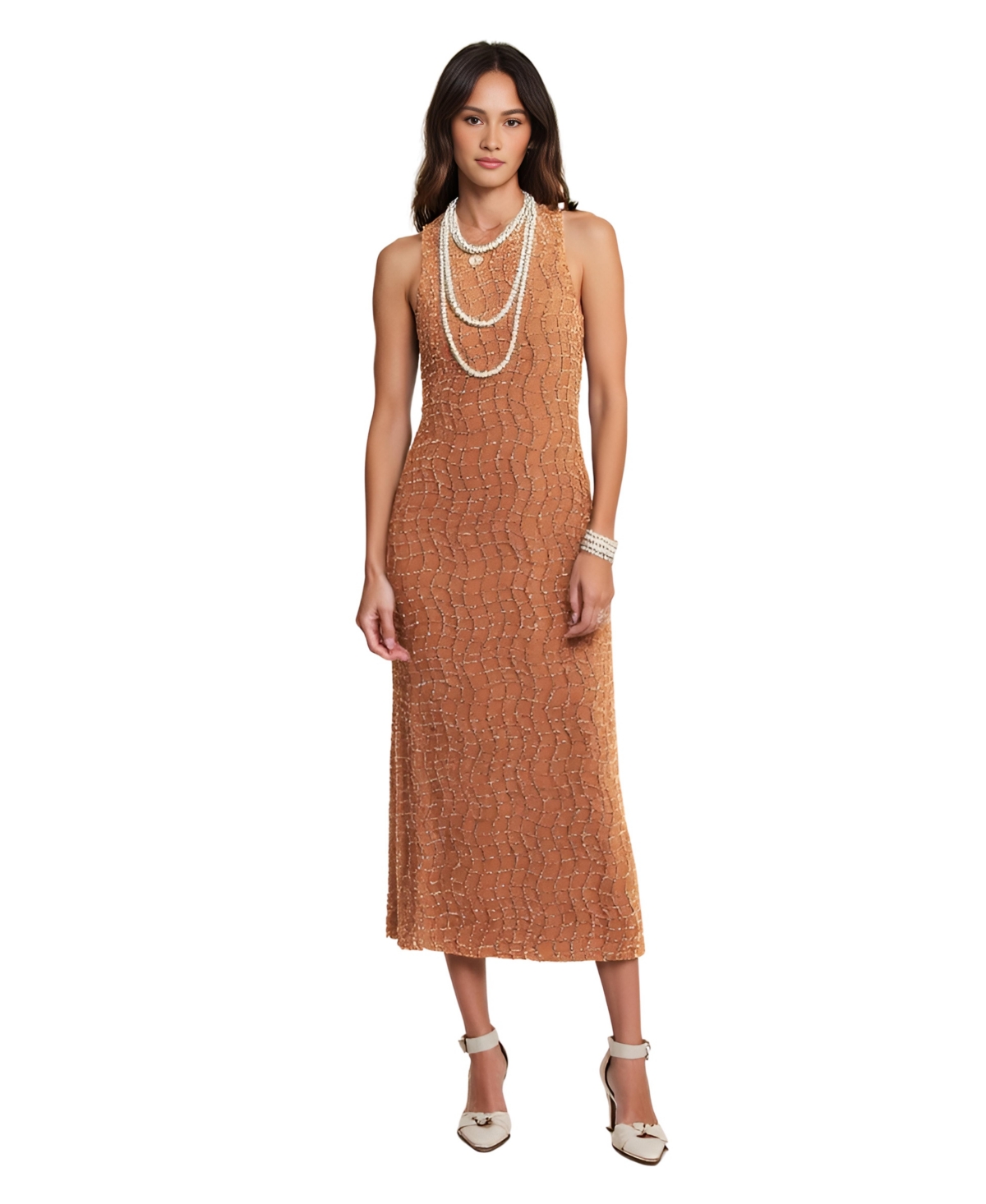 Women's Hand-Embellished Sleeveless Mesh Sequin Midi Dress - Orange