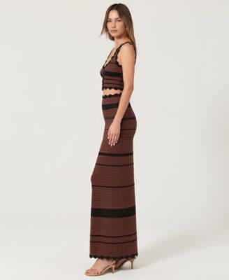 Women's Scallop Trim Crochet Striped Knit Crop Top and Maxi Skirt Set