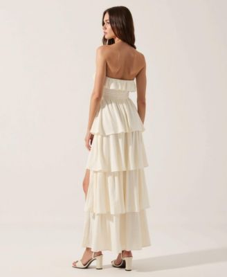 Women's Strapless Tiered Ruffle Maxi Dress With High Slit