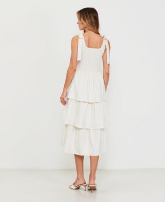 Women's Tiered Smocked Bow-Tie Shoulder Midi Dress