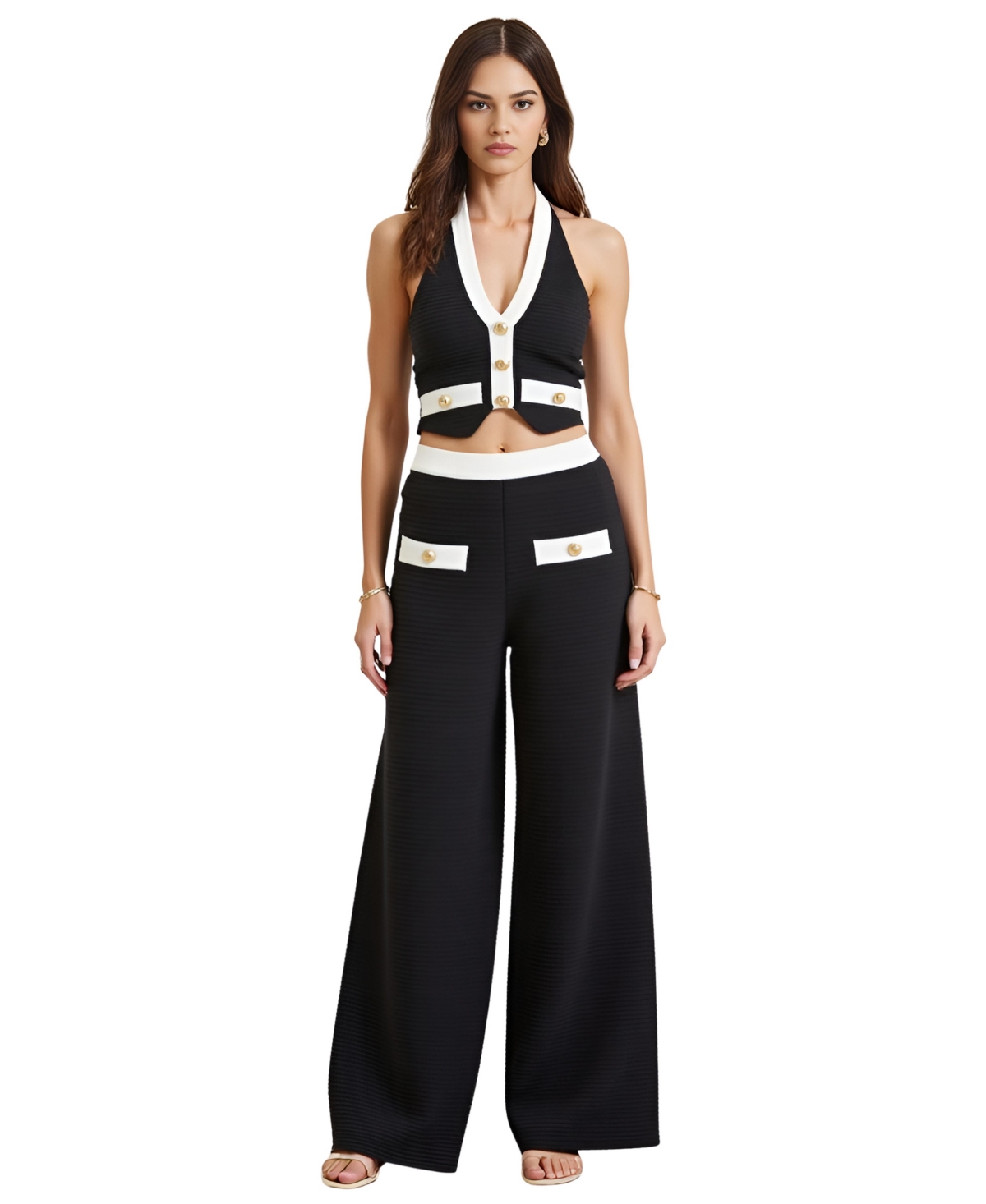 Women's Two-Piece Halter Crop Top and Wide-Leg Pant Set - Black