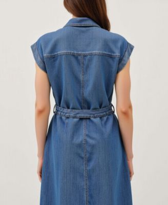 Women's Sleeveless Button-Front Tie-Waist Midi Shirt Dress