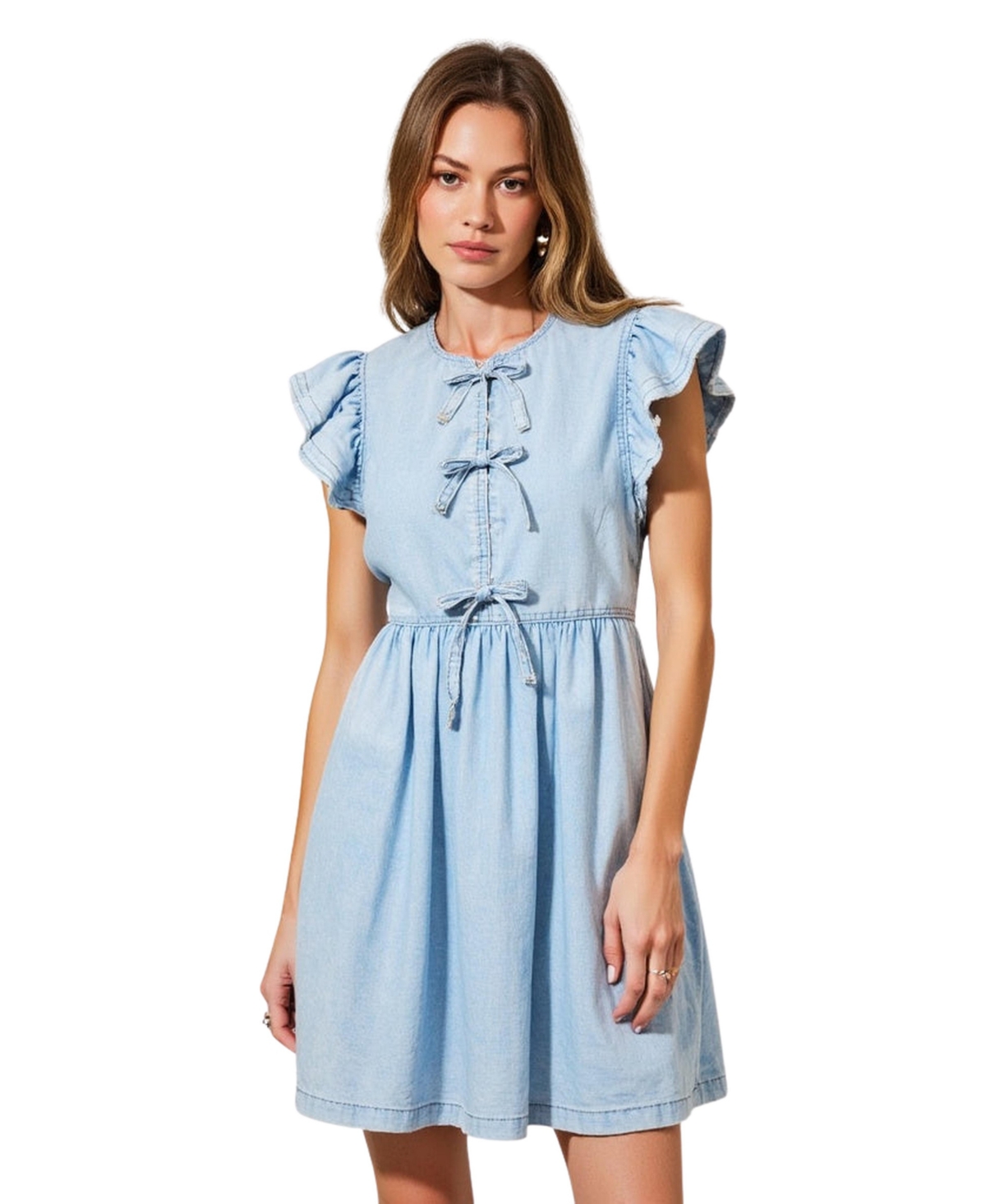 Women's Sleeveless Ruffle Bow-Tie Front Drawstring Mini Dress - Blue