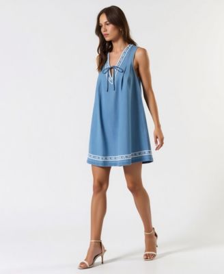 Women's Sleeveless Embroidered Trim Tie Front Mini Dress