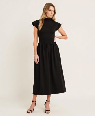 Women's Scallop Edge Mock Neck Sleeveless Knit Midi Dress