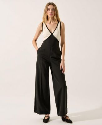 Women's Sleeveless Two-Tone Deep V-Neck Wide Leg Jumpsuit