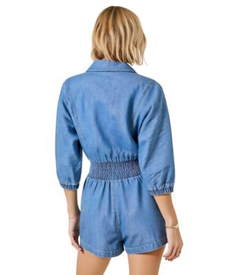 Women's Zip Front Smocked Waist 3/4 Sleeve Romper