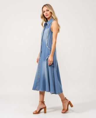 Women's Sleeveless Frayed Seams Button Front Midi Dress